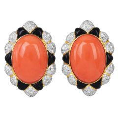 1980s Coral, Onyx, Diamond & 18K Yellow Gold Clip-On Earrings
