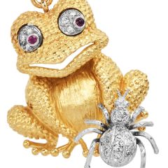 Whimsical Diamond Ruby 18K Gold Frog & Spider Pendant 