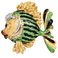  Vintage late 1970s 18K Gold Diamond Enamel Fish Brooch