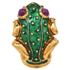 Hidalgo Miami 1990s Ruby 18K Gold Enamel Frog Brooch pin