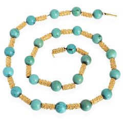 Vintage Turquoise Bead 18K Yellow Gold Necklace 