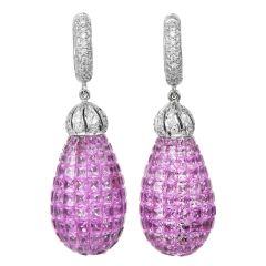 Mystery-Set Pink Sapphire & Diamond 20.07cts 18K Gold Drop Earrings|Dover Jewelry|