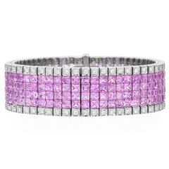 Mystery-Set Pink Sapphire & Diamond 45.80cts Wide 18K Gold Bracelet