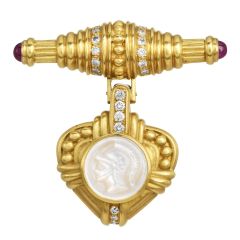 Judith Ripka  Diamond Mother of Pearl 18K Gold Brooch Pendant