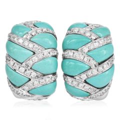 Designer Italian Diamond Turquoise 18K White Gold Braided  Earrings