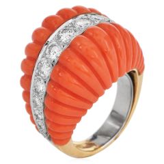 1970S Red Coral 18K Yellow Gold Dome Shape Diamond Cocktail Ring 