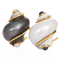 Seaman Schepps Turbo Shell Earrings with Black and White Pearls in 18K Yellow Gold