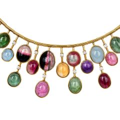 GIA Multicolor Tourmaline Cabochon Diamond 18K Gold Fringe Necklace 