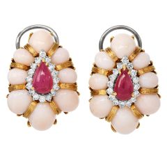 1970s Ruby, Diamond & Angel-Skin Coral Cocktail Earrings in 18K Yellow Gold
