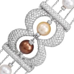 14K White Gold Pearl 20.64cts Diamond Multi-Row Statement Bracelet |Dover Jewelry|