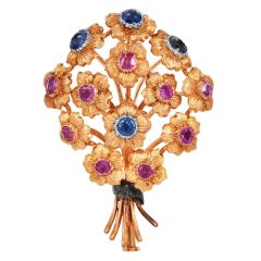 Buccellati Ruby Sapphire 18K Gold Floral Bouquet Brooch|Dover Jewelry|