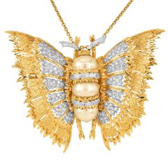 1980s Diamond, Pearl & Emerald 18K Gold Butterfly Pin Brooch Pendant