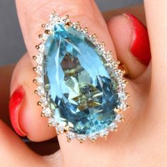 Estate 14K Gold 20.60cts Pear Aquamarine & Diamond Cocktail Ring/Pendant