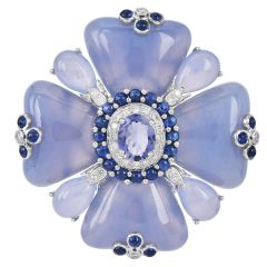 Estate Floral Chalcedony Tanzanite Sapphire Diamond 18K White Gold Pin Brooch