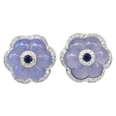  Diamond, tanzanite  & Blue Chalcedony 18K White Gold Flower Clip-On Earrings