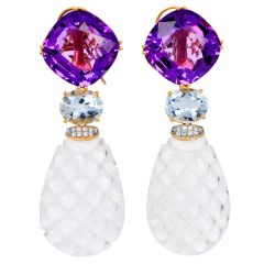 Elegant Rock Crystal, Amethyst, Aquamarine & Diamond Drop 18k Gold Earrings