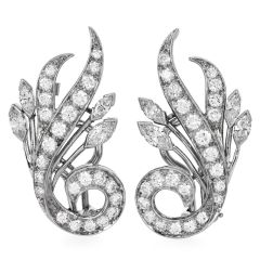 Vintage Deco Platinum Diamond Floral Clip-On Earrings 