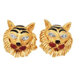 1970s  18k  Tiger Diamond, Ruby & Enamel  Gold Cufflinks