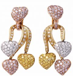 Estate GIA Fancy Pink, Yellow & White Diamond  Gold Pendant Earrings