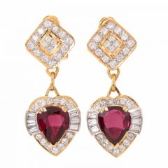 Ruby & Diamond 18K Gold Heart Dangle Drop Earrings