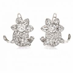 Vintage Diamond Platinum Floral Motif Clip-On Earrings
