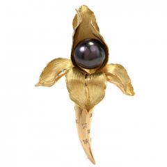 Vintage Tahitian Pearl Diamond Orchid 18K Gold  Flower Brooch Pin