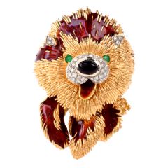 Estate  Happy Gold Dog Diamond Enamel Brooch Pin