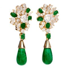 Estate Emerald 18K Yellow Gold Dangle Drop Clip Back Earrings 