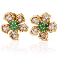 Vintage Floral Diamond Emerald 18K Gold Clip-Back Earrings