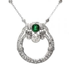 Antique Art Deco Diamond Emerald Circular Pendant Necklace