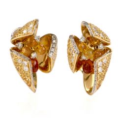 Designer IO SI Floral Diamond Sapphire Gold Italian Clip Back Earrings 