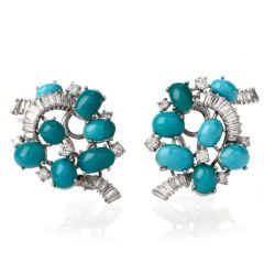 Gübelin Baguette Diamond Turquoise Gold Clip On Earrings