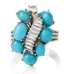 Estate Baguette Diamond Turquoise Gold Cocktail Ring 