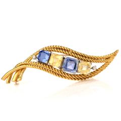 Estate Yellow Blue Sapphire Diamond 18K Gold Scroll Pin Brooch