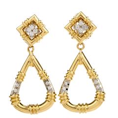 Estate Diamond 18K Yellow Gold Hoop Dangle Clip On Earrings 
