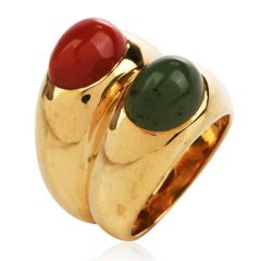 Bvlgari Retro Natural Coral Jade 18K Gold Cocktail Ring 