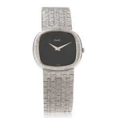 Vintage Piaget Black Dial 18K White Gold Mesh Strap Ladies Watch 