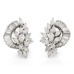 Vintage Floral Marquise Diamond Cluster Platinum Clip-On Earrings 
