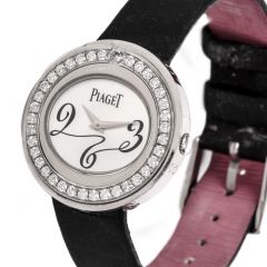 Piaget Possession Diamond Bezel 18K White Gold Black & Pink Strap Ladies Watch