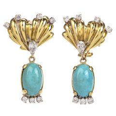  Vintage Turquoise Diamond Gold Dangle Detachable Drop Earrings 