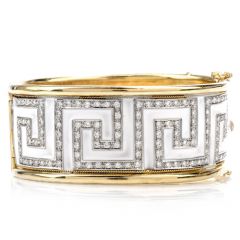 Estate Diamond White Enamel Greek Key 18K Bangle Bracelet