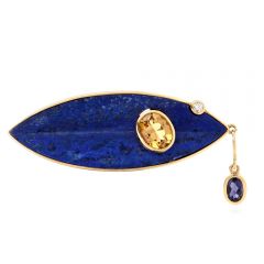 Vintage Lapis Lazuli Multi Gem 18K Yellow Gold Charm Brooch Pin