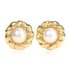 Mikimoto Pearl 18K Yellow Gold Flower Earrings 
