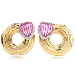 1980s Heart Turmaline Diamond 18K Gold Swirl Clip On Earrings