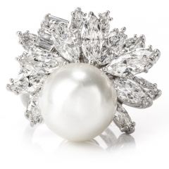 Exquisite Vintage Diamond and Pearl Floral Platinum Cocktail Ring