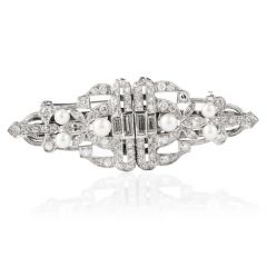 Antique Art Deco Diamond Pearl Platinum Double Clip Brooch Pin