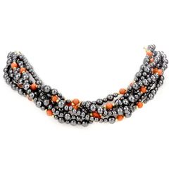 Vintage Coral Ruby Hematite 18K Beaded Necklace