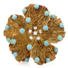 Vintage Pansy Diamond Turquoise 18K Brooch Pin
