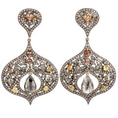 Estate Multi Color Diamond Silver 14K Gold Large Dangle Earrings