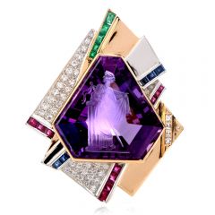 Estate Art Deco Diamond 29.29ct Intaglio Amethyst  18K Gold Platinum Brooch
